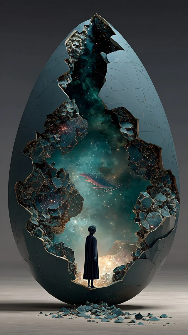 Cosmic Rebirth A Lone Figure and Nebula Egg