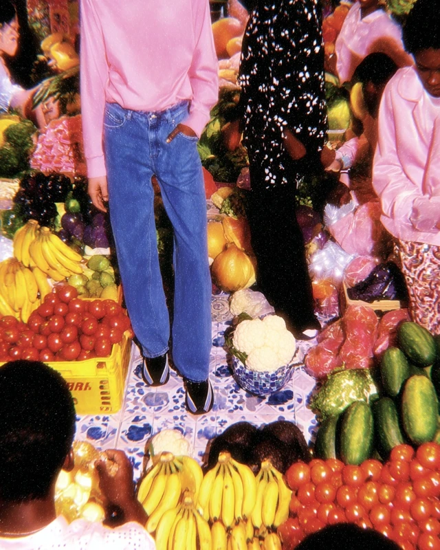 Vibrant Marketplace Top Down View Fresh Produce People