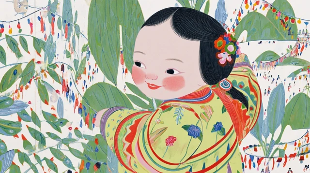 Chinese Folk Painting Cute Girl in Green Town Bazaar