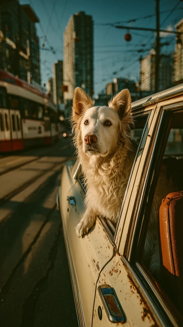 Golden Retriever on Car in the City