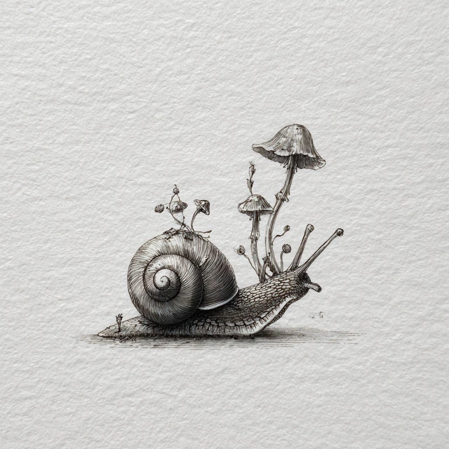 Microrealism Snail with Mushrooms Art