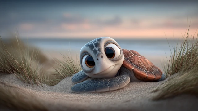 Cute Baby Sea Turtle on the Beach Pixar Style