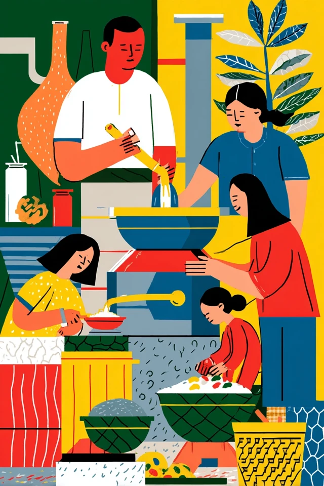 Family Coffee Processing Cartoon Illustration