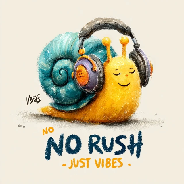 Cartoon Snail with Headphones No Rush Just Vibes