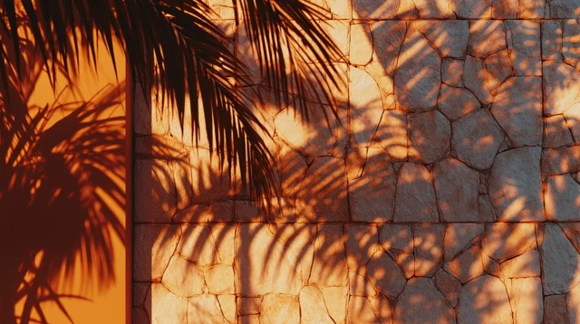Golden Hour Palm Shadows on Stone Wall