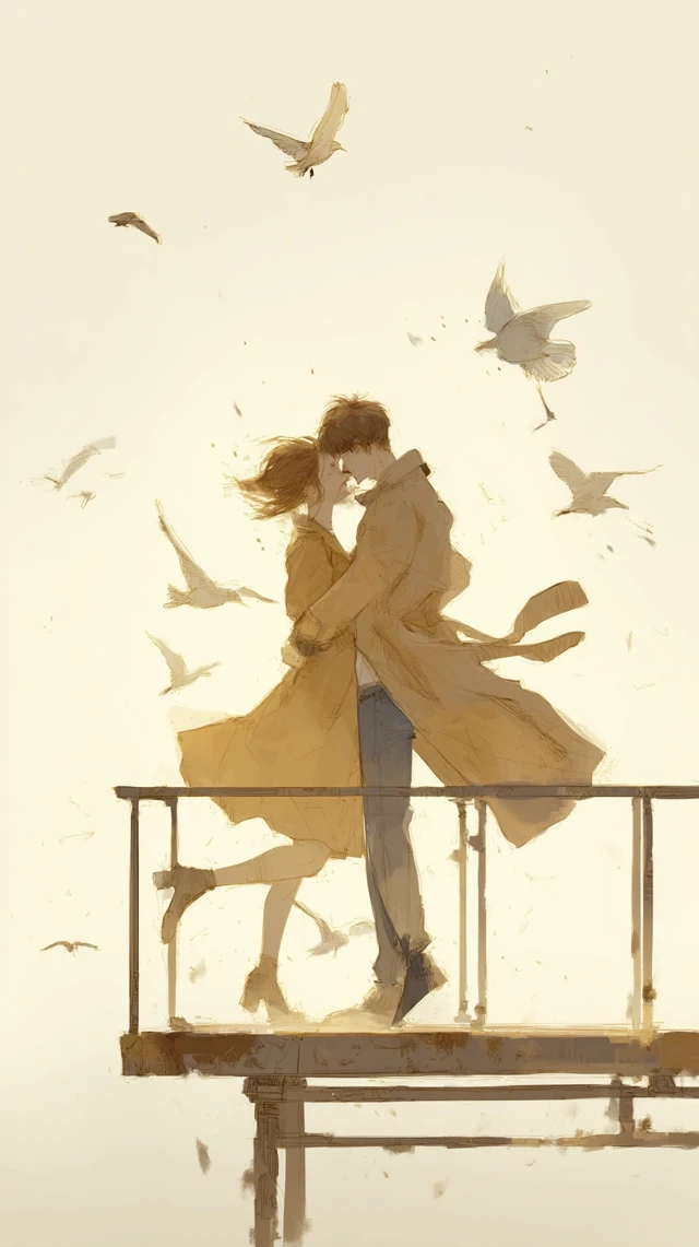 Couple Dancing on Pier Digital Watercolor Painting