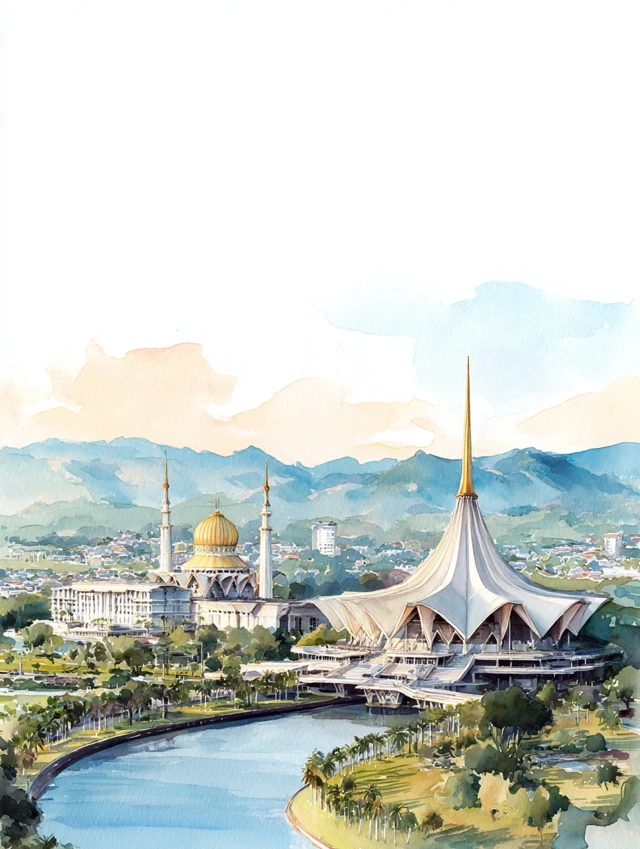 Kuching Waterfront Watercolor Painting Travel Art Print