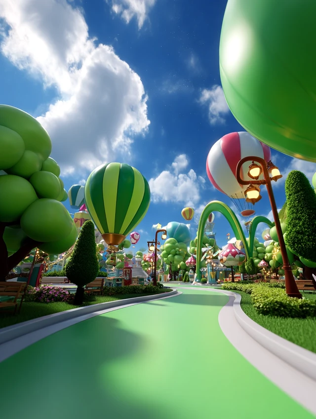 3D Cartoon Air Balloon Park Sunny and Joyful Scene