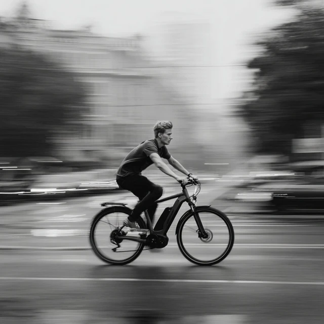 Ebike in the City Young Man Riding Fast Black and White