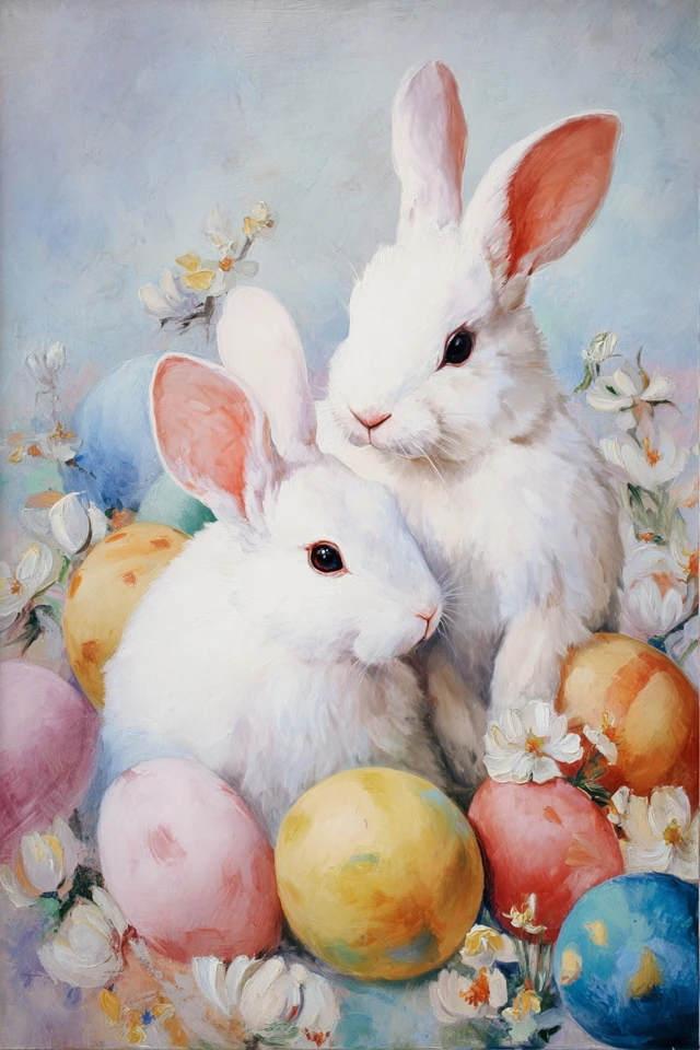Easter Bunnies Eggs Flowers Vintage Illustration