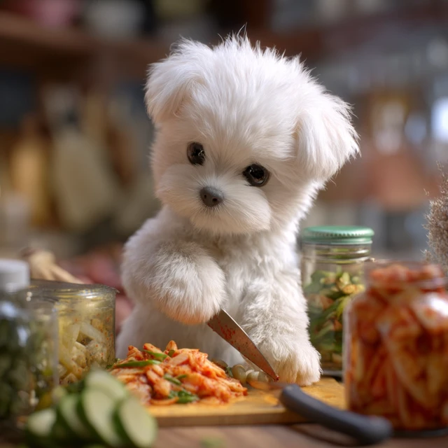 Maltese Puppy Chef Cooking Kimchi
