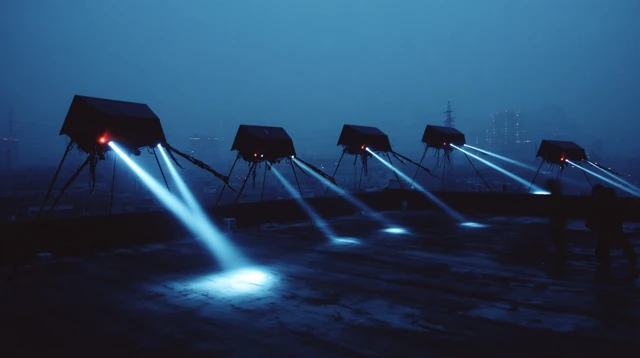 Drones Over Cityscape: Cyberpunk Scene