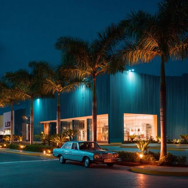 Shopping Mall Store at Night with Vintage Car