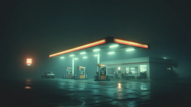 Gas Station at Night Atmospheric Scene