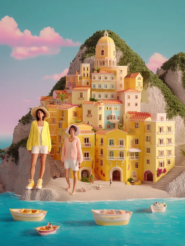 Amalfi Coast in Toy Cartoon Style Pastel Colors
