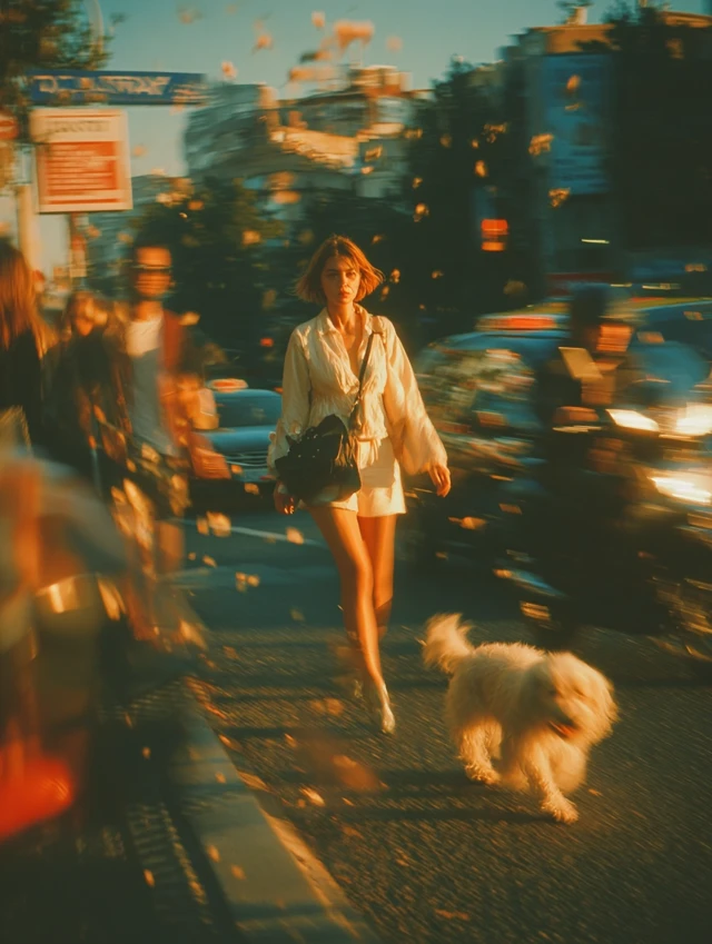 Woman in Motion Blur City Street Golden Hour Leica