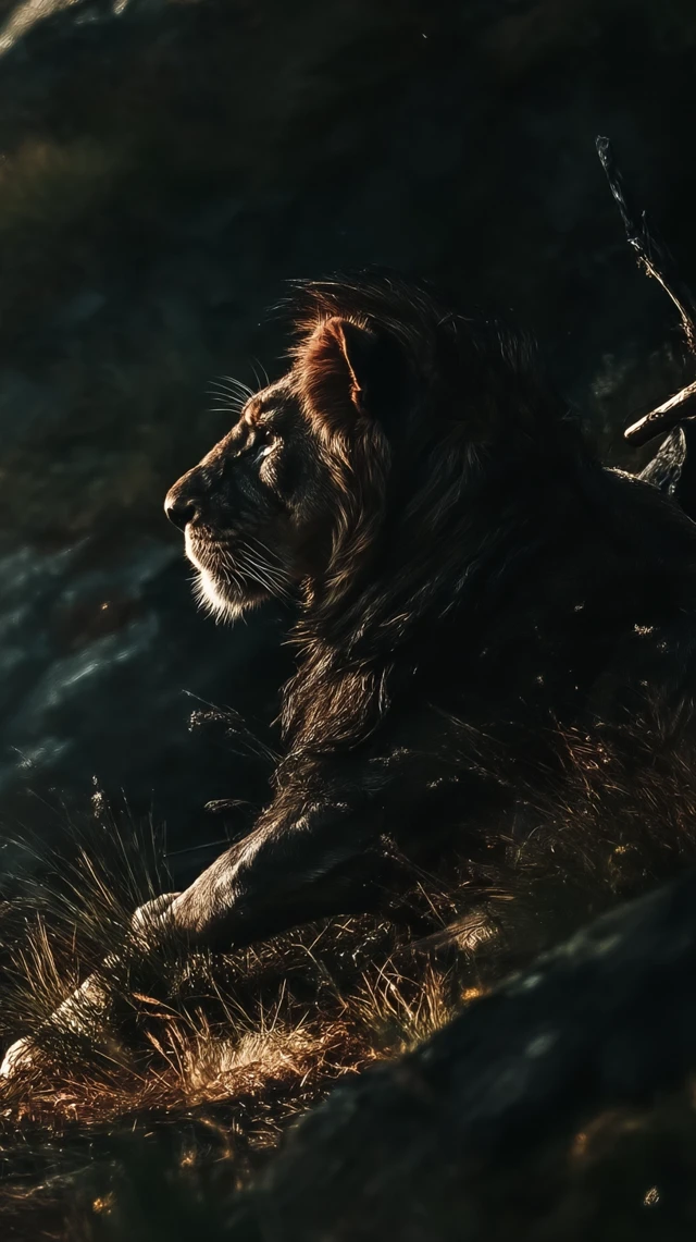 Majestic Lion Emerging from Shadowy Landscape