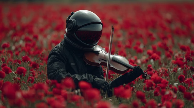 Astronaut Plays Violin in Poppy Field Cinematic