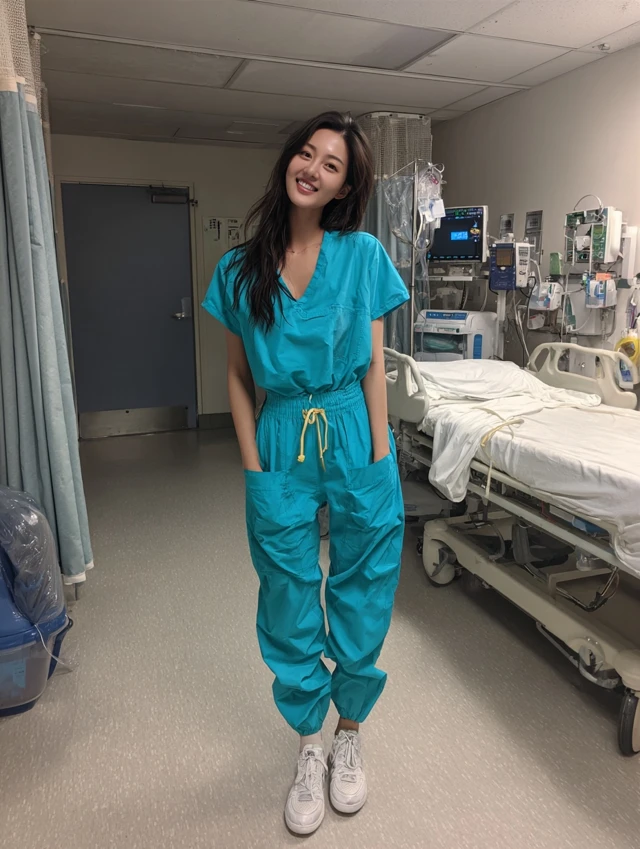 Beautiful Korean Nurse in Scrubs Smiling at Camera