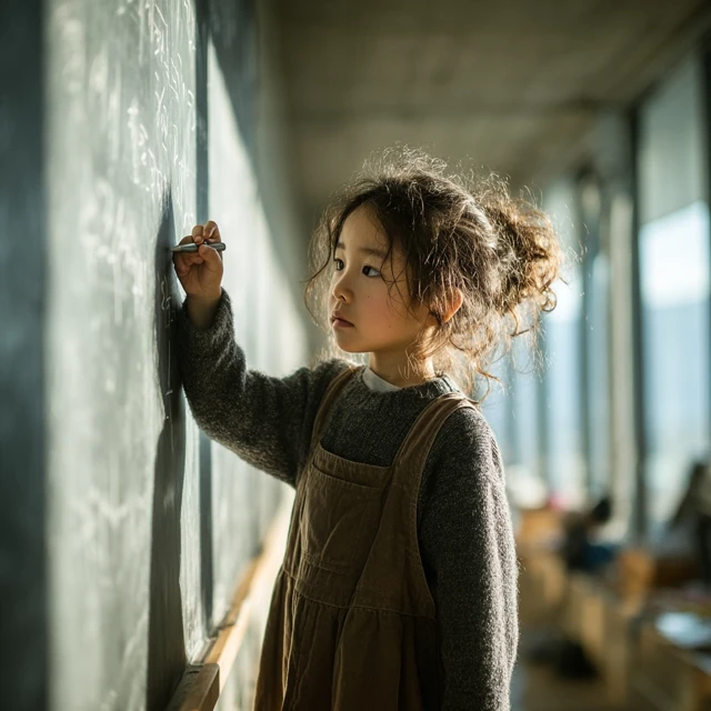 Korean Schoolgirl Writing at Chalkboard Sejong City