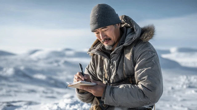 Dr. Simon Li in Icy Wilderness: Cinematic Photograph