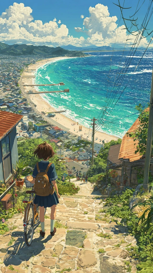 Anime Coastal City Girl and Bike Dreamy Illustration