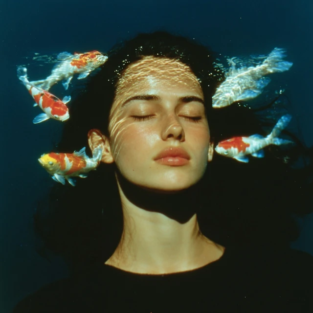 Serene Woman with Koi Fish Dreamlike Art