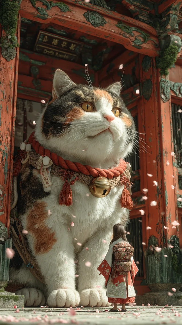 Giant Cat in Shrine Japanese Bobtail Art
