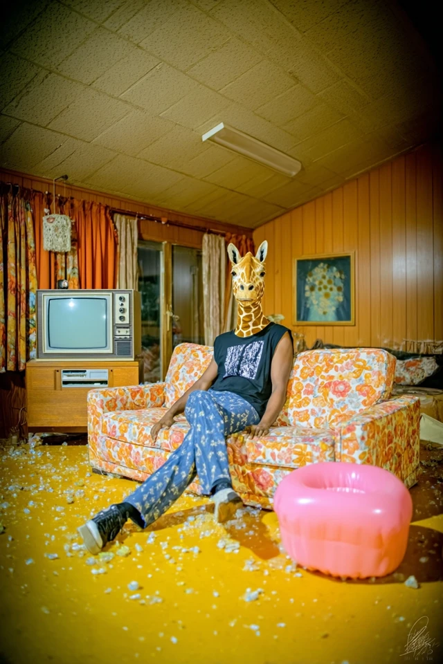 Surreal Retro Scene Giraffe Man on Floral Couch