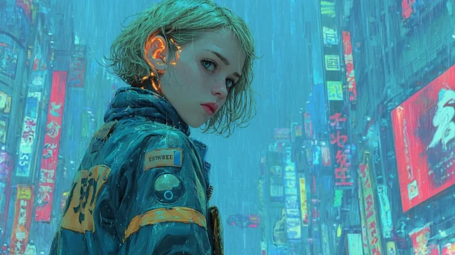 Cyberpunk Cyborg in Rain Drenched City
