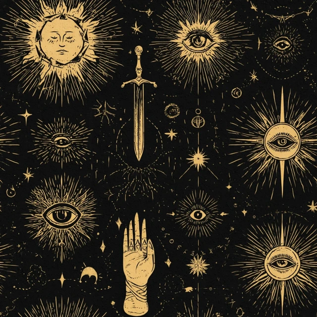 Mystical Tarot Pattern Gold Linework on Black