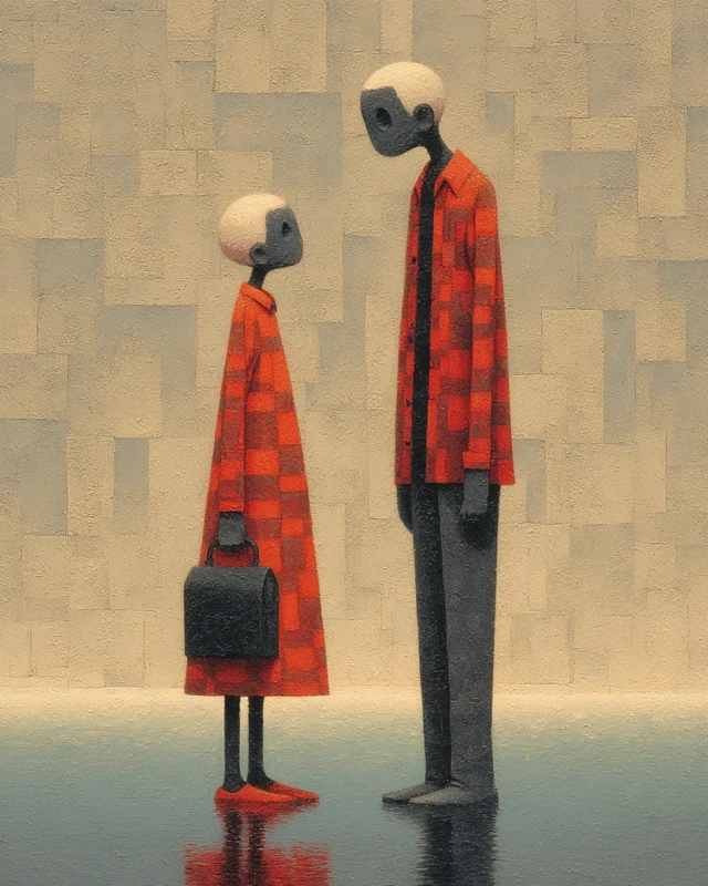 Elderly Couple in Checkered Clothes by Fountain