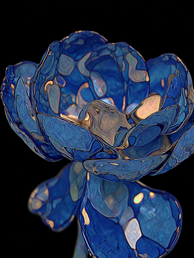 Abstract Blue Flower Art with Glass Texture