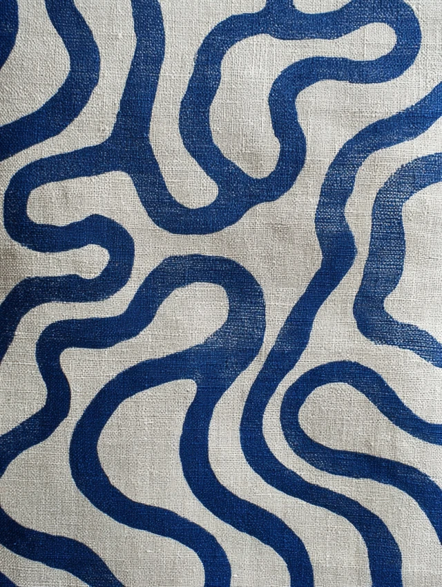 Linen Fabric with Wavy Blue Block Print Pattern