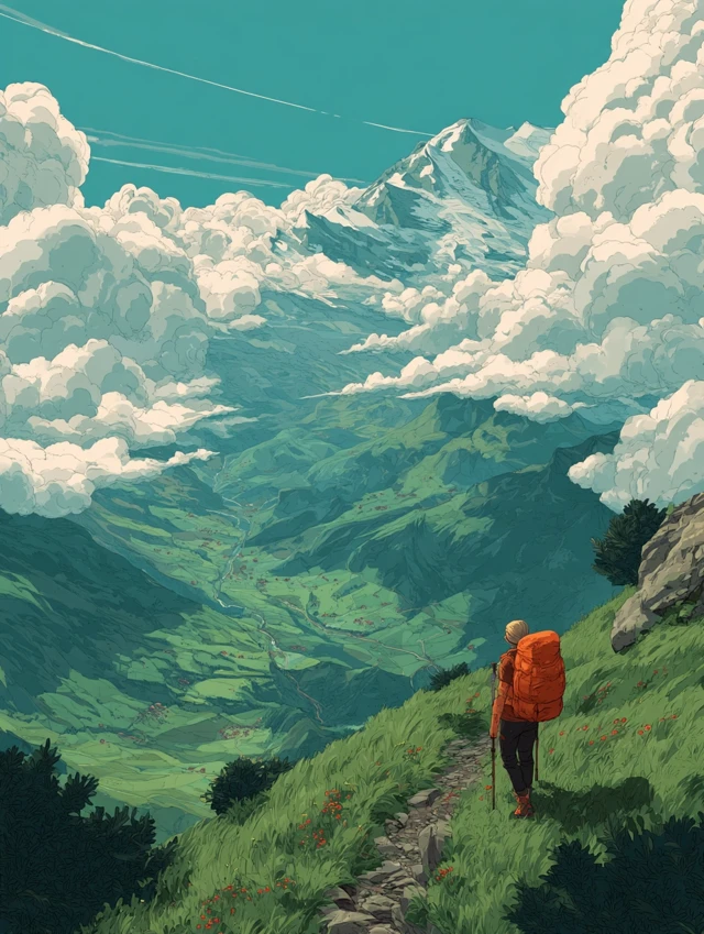 Hiker in Nature Mountain View Artwork
