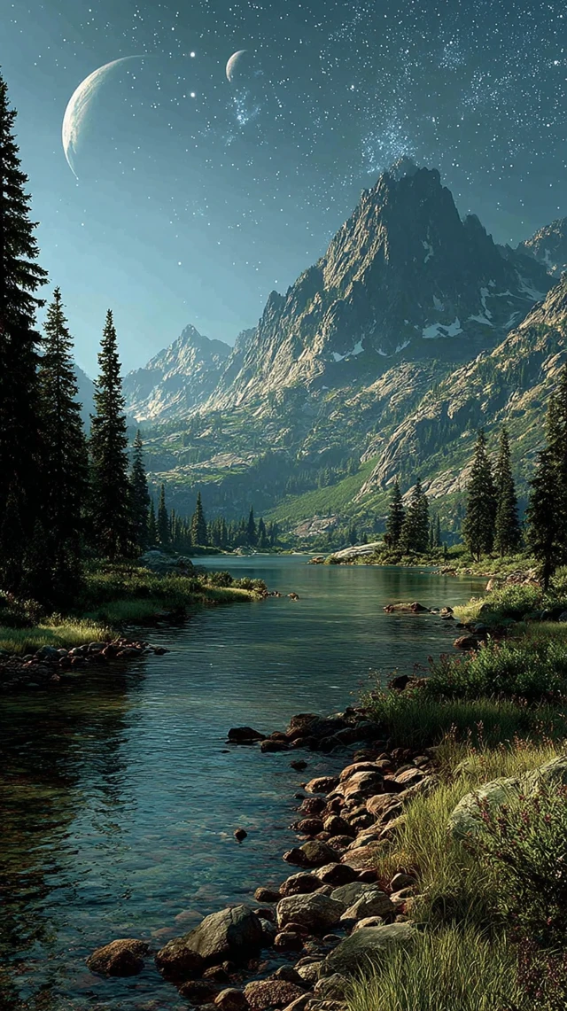 Mountain Lake Night Sky Scenery