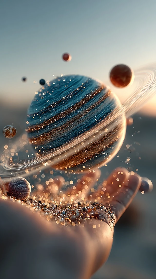 Hand Holding Planets and Particles in Space