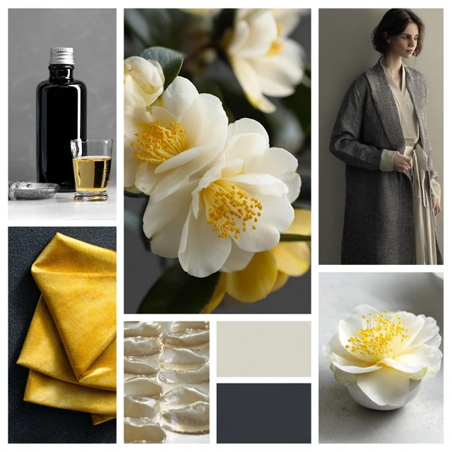 White Camellia Oil Fashion Moodboard Skincare Brand
