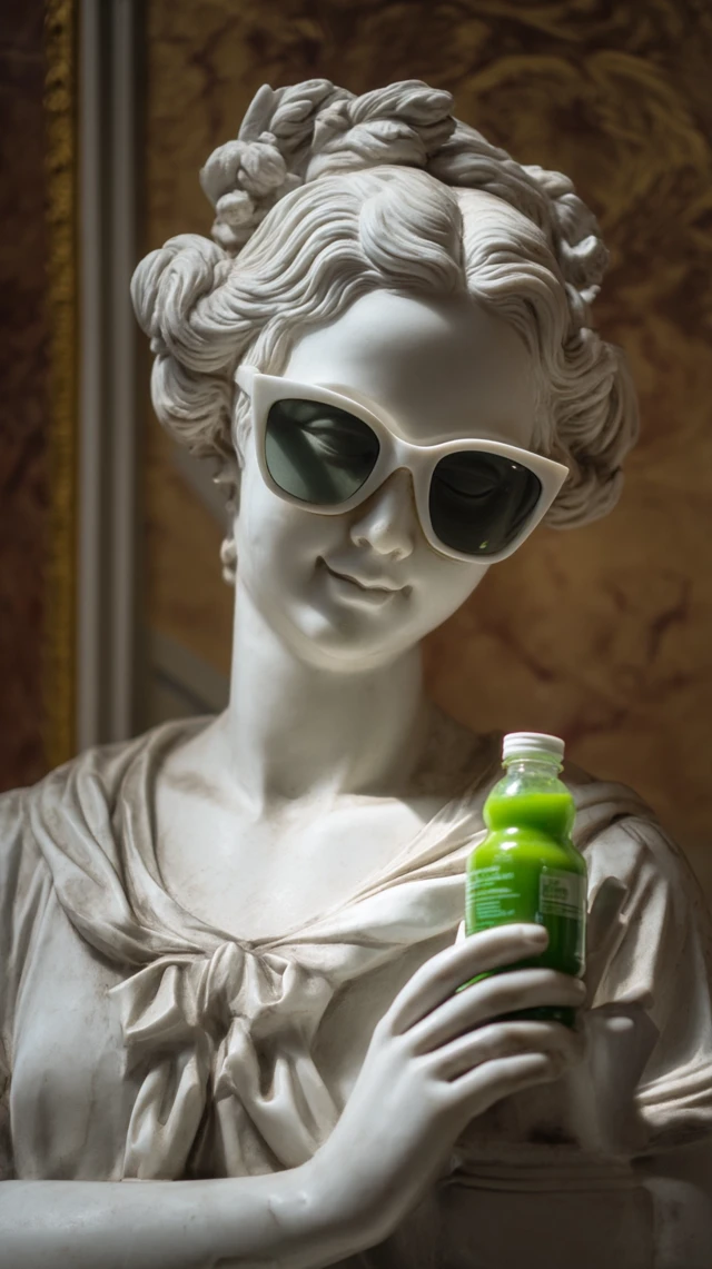 Marble Statue with Glasses and Juice