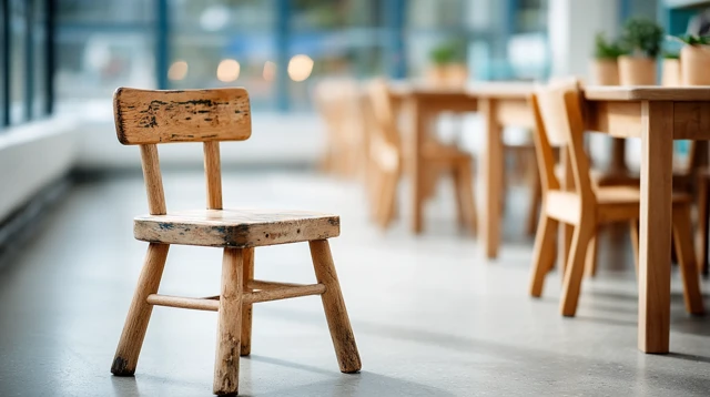 Childs School Chair with Scratches and Classroom Lights