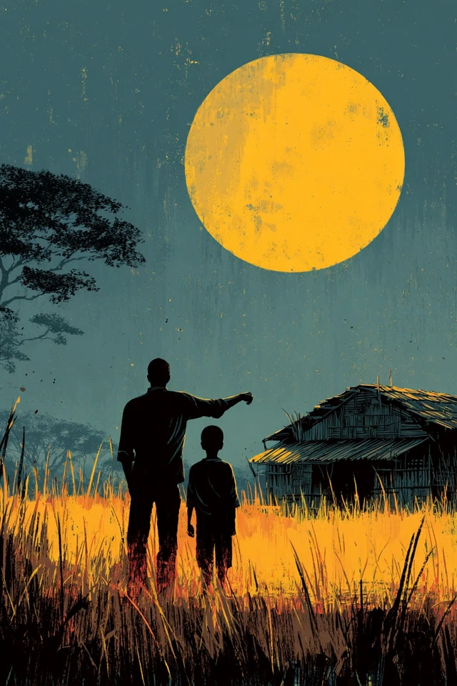 Father and Son Moonlit Village Illustration