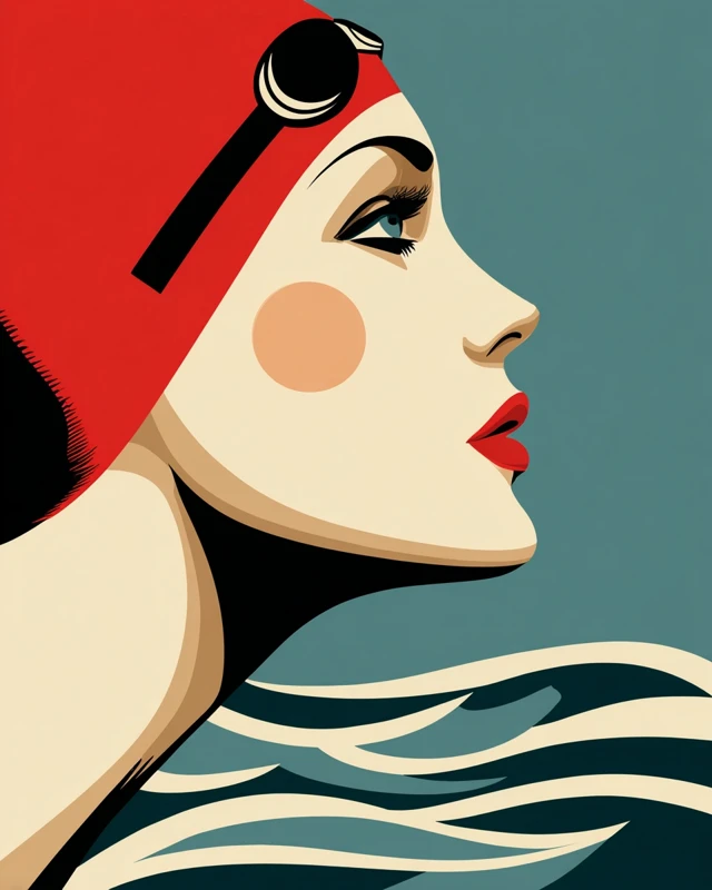 Vintage Swimmer Woman Profile Mary Blair Style