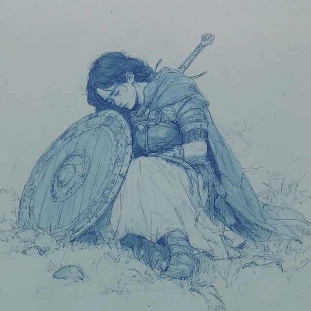 Medieval Female Warrior Sleeping with Shield