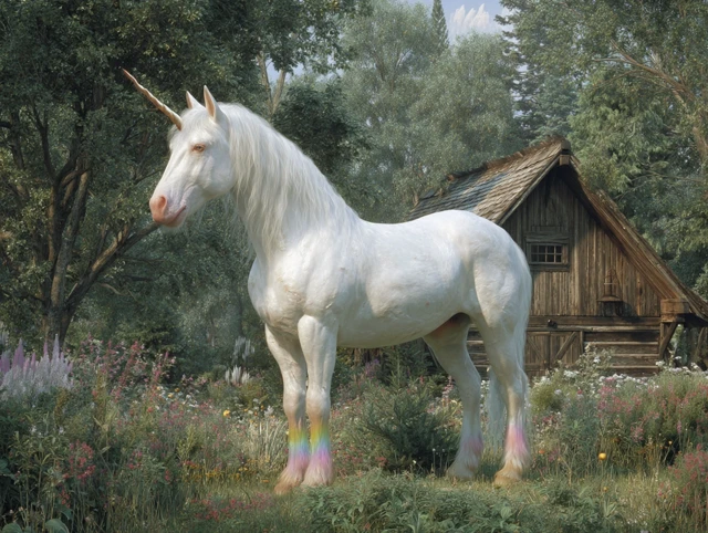 Giant Unicorn Overlooking a Barn in Nature