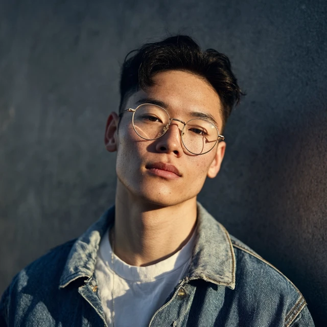 Handsome Asian Man in Glasses Denim Jacket