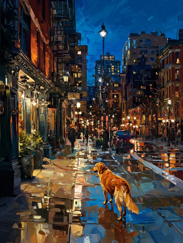 Lonely Golden Retriever in City Oil Painting