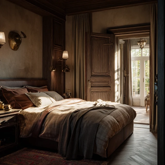 Cozy Bedroom Interior with Warm Colors and Wood Texture