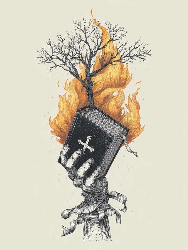 Hand Holding Bible and Burning Bush Illustration