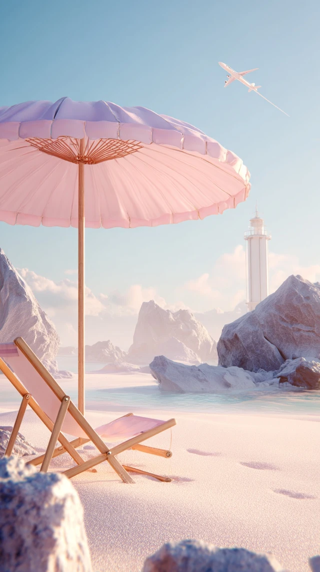 Dreamy Beach Scene Pink and Blue Tones Relaxing Coastal Vibe
