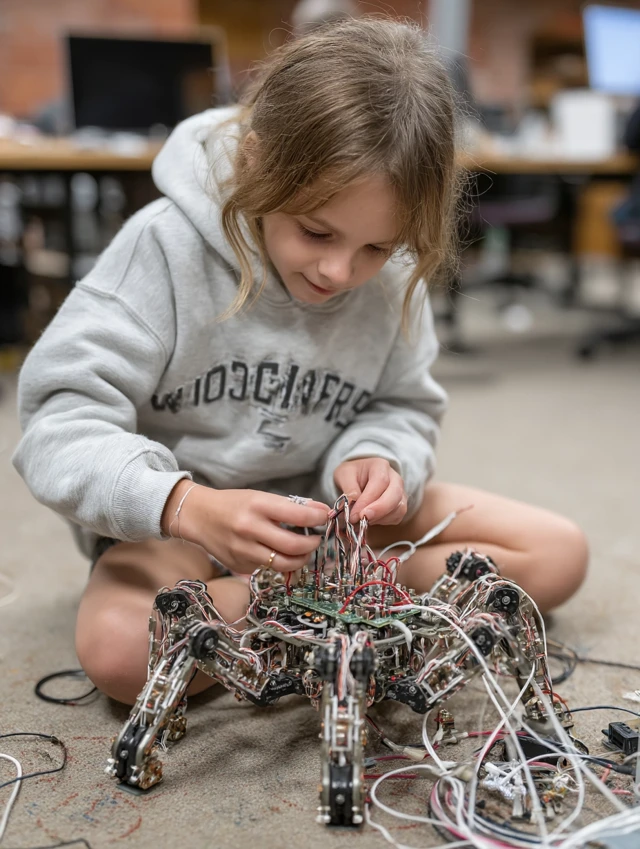 Young Girl Builds Robot In School Lab